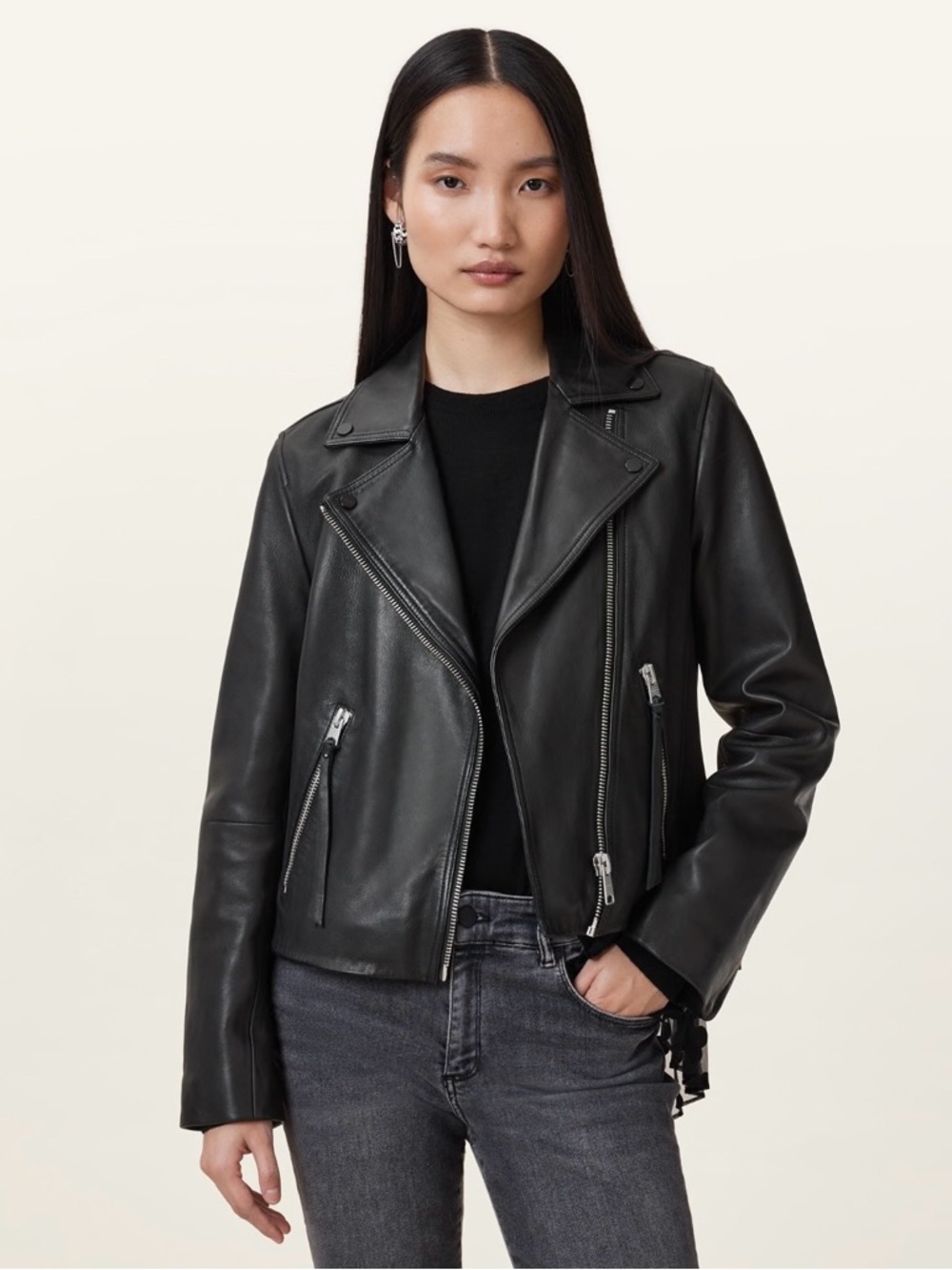 AllSaints Black Leather Dalby Slim Fit Biker Jacket